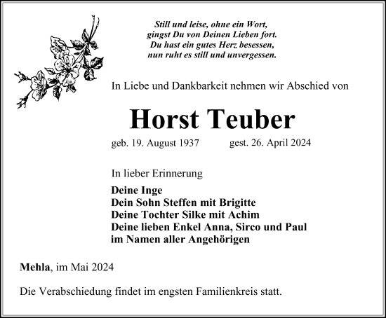 Traueranzeige von Horst Teuber von Ostthüringer Zeitung