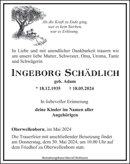 Traueranzeige von Ingeborg Schädlich von Ostthüringer Zeitung