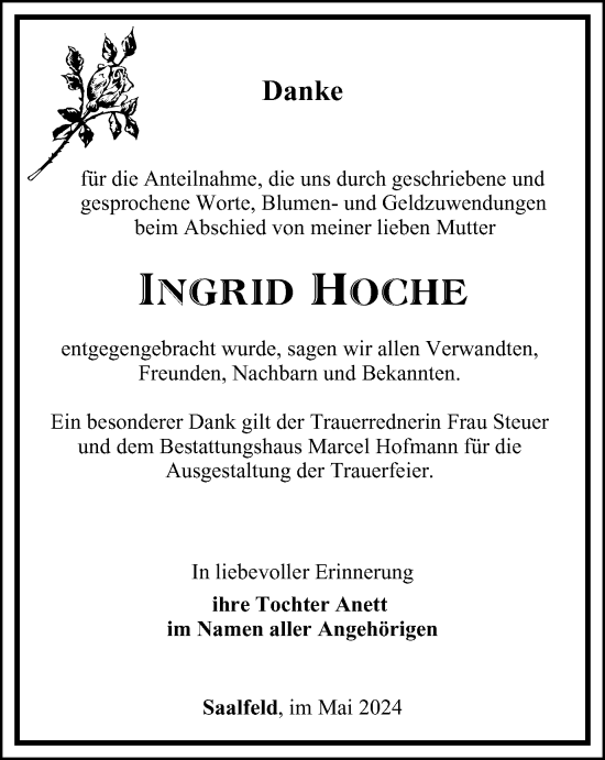 Traueranzeige von Ingrid Hoche