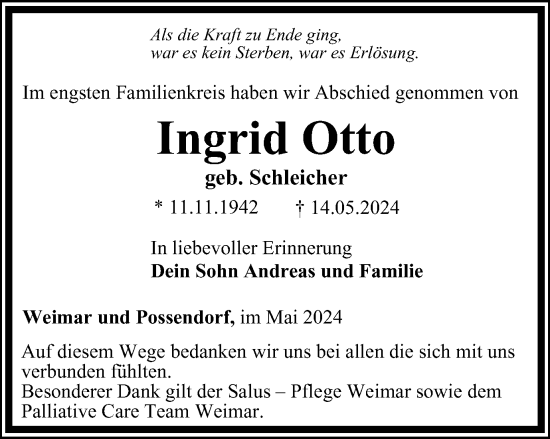 Traueranzeige von Ingrid Otto von Thüringer Allgemeine, Thüringische Landeszeitung