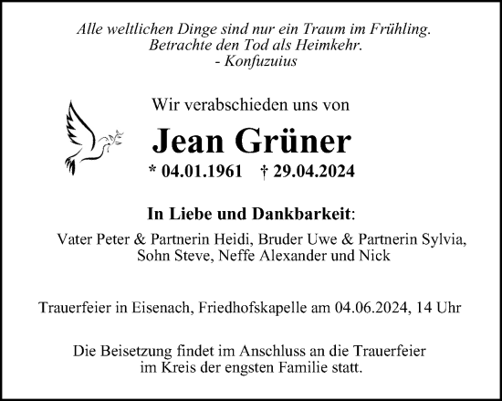 Traueranzeige von Jean Grüner von Thüringer Allgemeine, Thüringische Landeszeitung