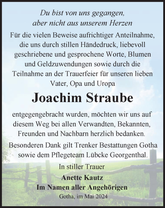 Traueranzeige von Joachim Straube von Thüringer Allgemeine, Thüringische Landeszeitung