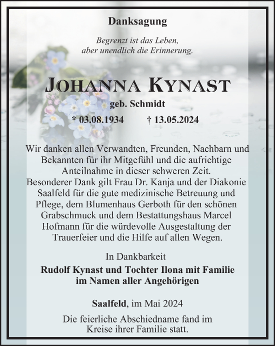 Traueranzeige von Johanna Kynast