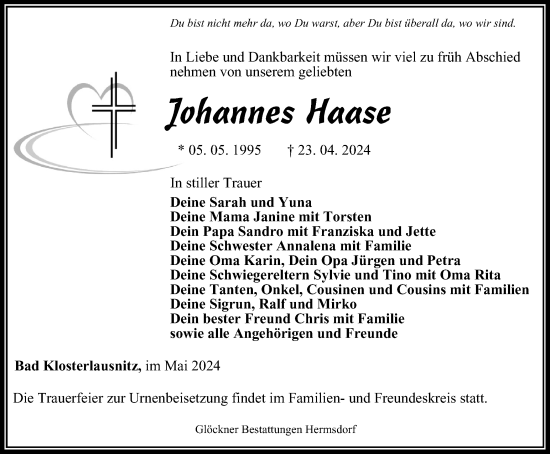 Traueranzeige von Johannes Haase von Ostthüringer Zeitung