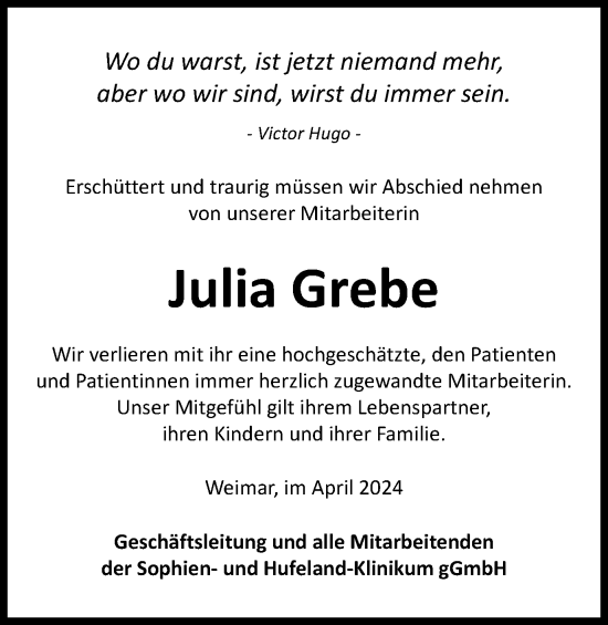 Traueranzeige von Julia Grebe von Thüringer Allgemeine, Thüringische Landeszeitung