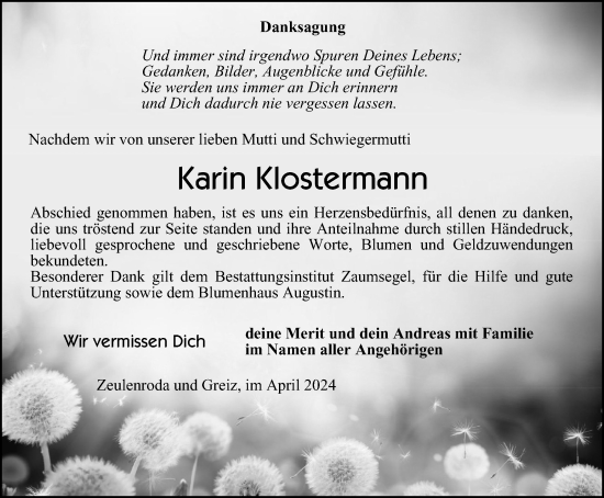 Traueranzeige von Karin Klostermann von Ostthüringer Zeitung