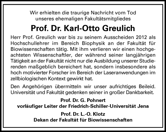 Traueranzeige von Karl-Otto Greulich von Ostthüringer Zeitung, Thüringische Landeszeitung