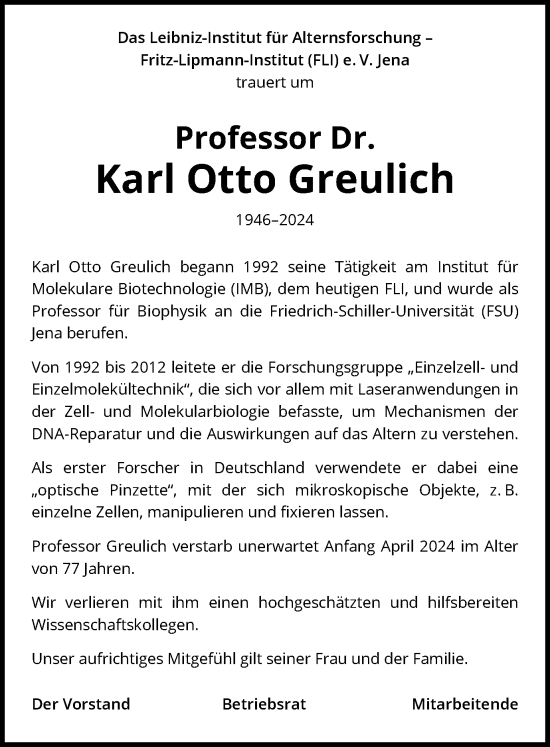 Traueranzeige von Karl Otto Greulich von Ostthüringer Zeitung, Thüringische Landeszeitung