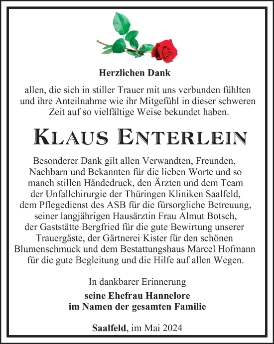 Traueranzeige von Klaus Enterlein von Ostthüringer Zeitung