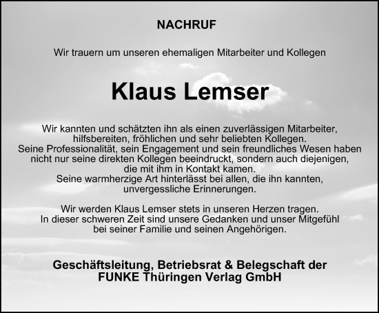 Traueranzeige von Klaus Lemser von Thüringer Allgemeine, Thüringische Landeszeitung