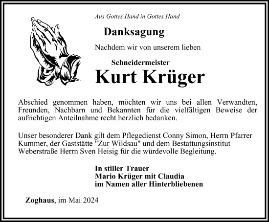 Traueranzeige von Kurt Krüger von Ostthüringer Zeitung