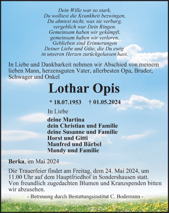 Traueranzeige von Lothar Opis von Thüringer Allgemeine