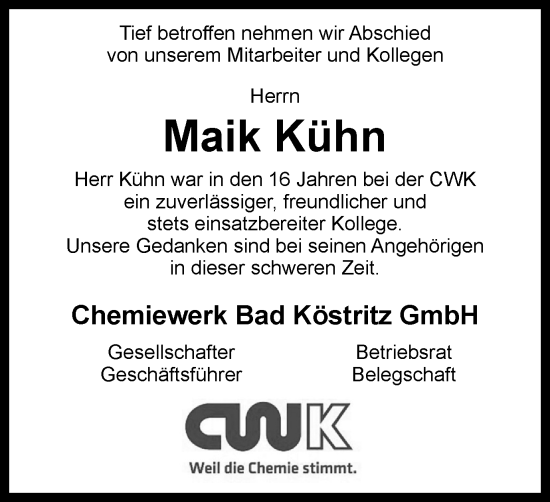 Traueranzeige von Maik Kühn von Ostthüringer Zeitung