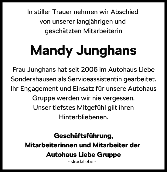 Traueranzeige von Mandy Junghans von Thüringer Allgemeine