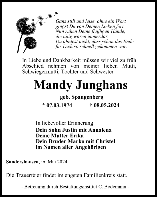 Traueranzeige von Mandy Junghans