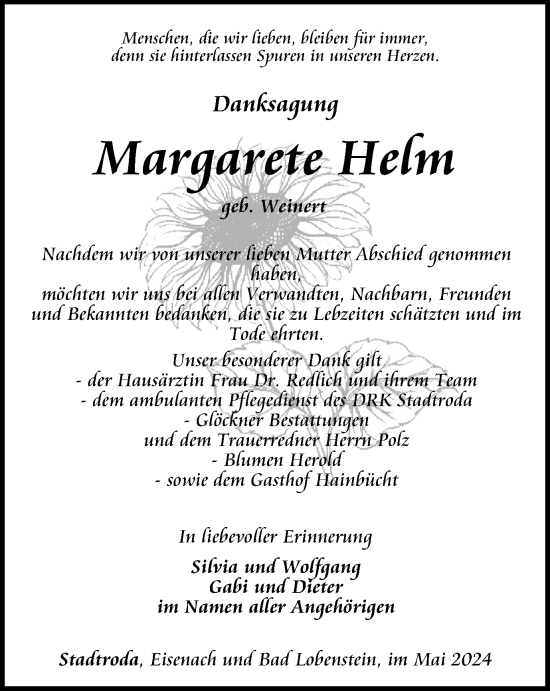 Traueranzeige von Margarete Helm von Ostthüringer Zeitung