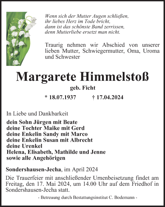 Traueranzeige von Margarete Himmelstoß von Thüringer Allgemeine