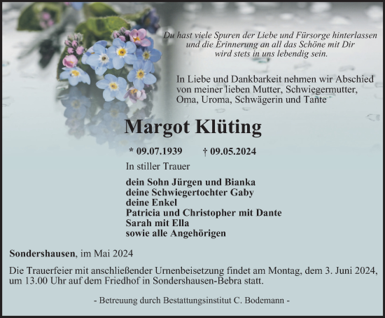 Traueranzeige von Margot Klüting