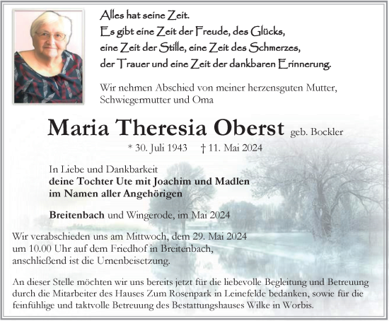 Traueranzeige von Maria Theresia Oberst von Thüringer Allgemeine