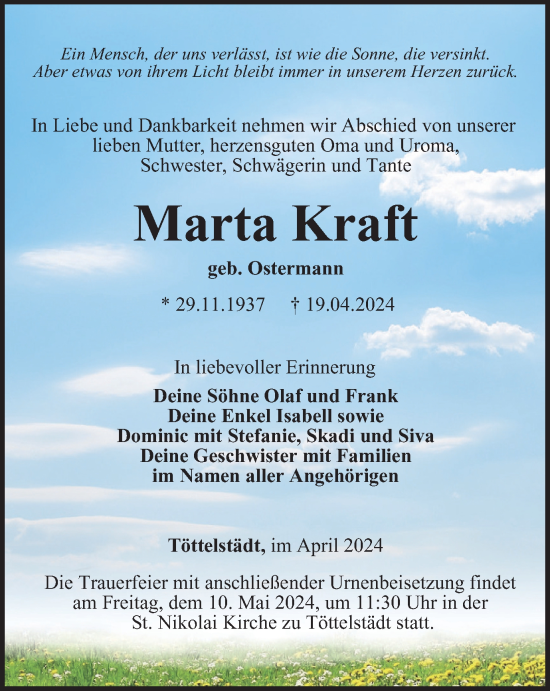 Traueranzeige von Marta Kraft von Thüringer Allgemeine, Thüringische Landeszeitung