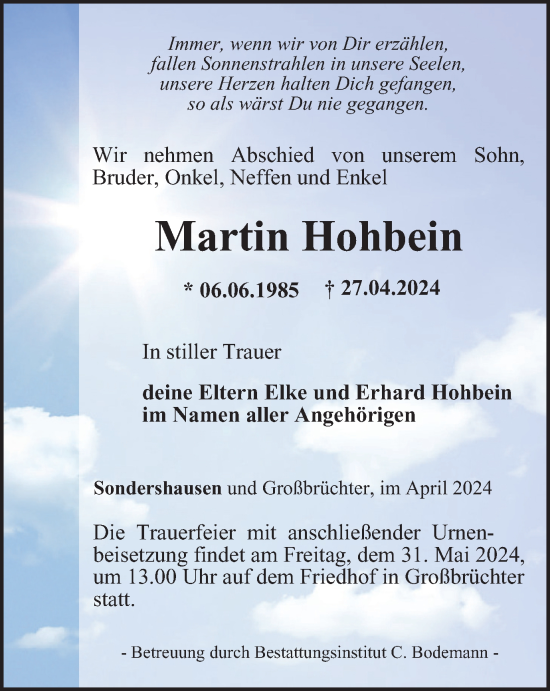 Traueranzeige von Martin Hohbein von Thüringer Allgemeine
