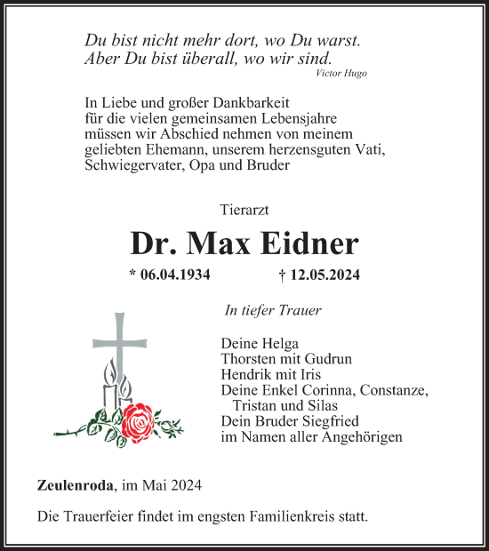 Traueranzeige von Max Eidner von Ostthüringer Zeitung