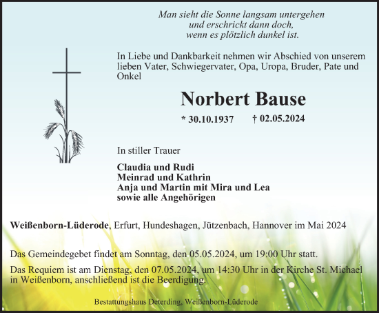 Traueranzeige von Norbert Bause von Thüringer Allgemeine