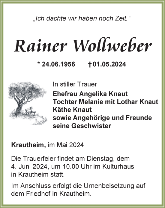 Traueranzeige von Rainer Wollweber von Thüringer Allgemeine, Thüringische Landeszeitung