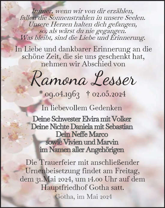 Traueranzeige von Ramona Lesser von Thüringer Allgemeine, Thüringische Landeszeitung