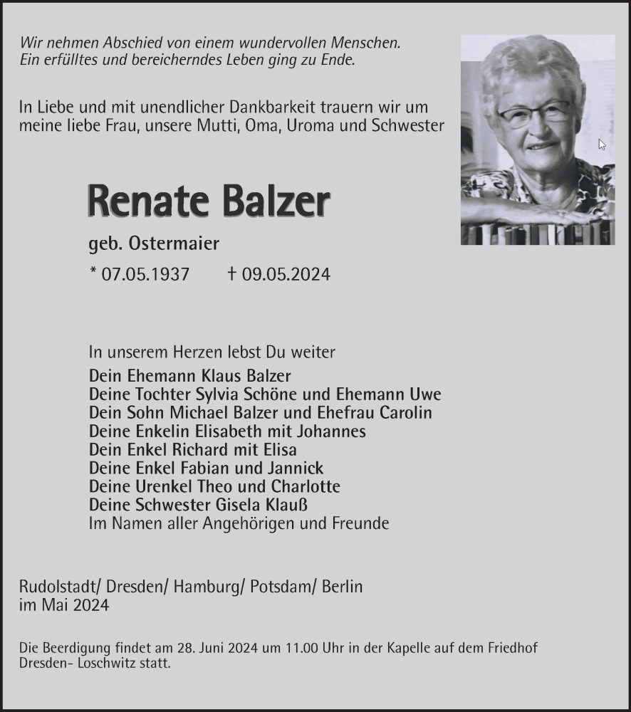  Traueranzeige für Renate Balzer vom 18.05.2024 aus Ostthüringer Zeitung