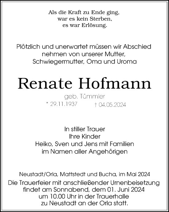 Traueranzeige von Renate Hofmann von Ostthüringer Zeitung