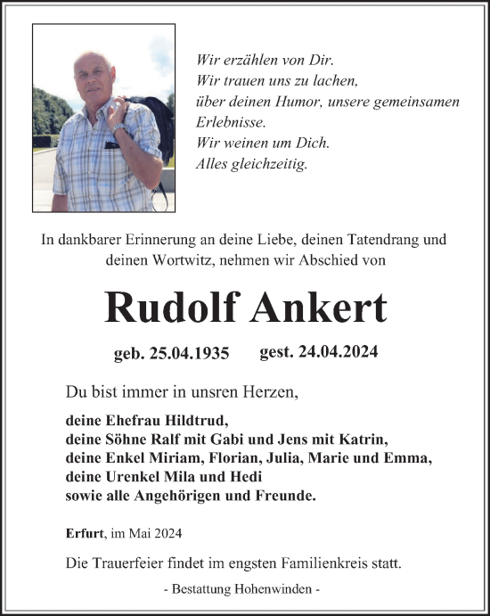 Traueranzeige von Rudolf Ankert von Thüringer Allgemeine, Thüringische Landeszeitung