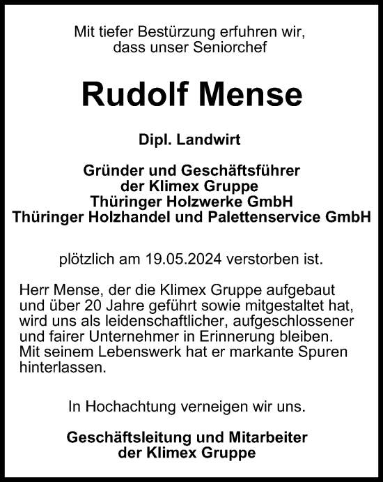 Traueranzeige von Rudolf Mense von Thüringer Allgemeine, Thüringische Landeszeitung