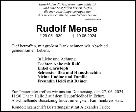 Traueranzeige von Rudolf Mense von Thüringer Allgemeine, Thüringische Landeszeitung