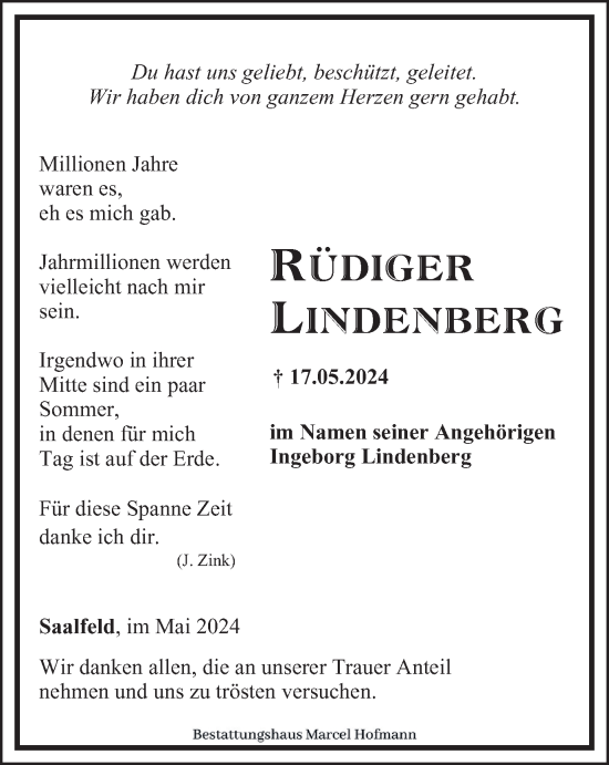 Traueranzeige von Rüdiger Lindenberg