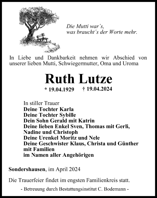 Traueranzeige von Ruth Lutze von Thüringer Allgemeine