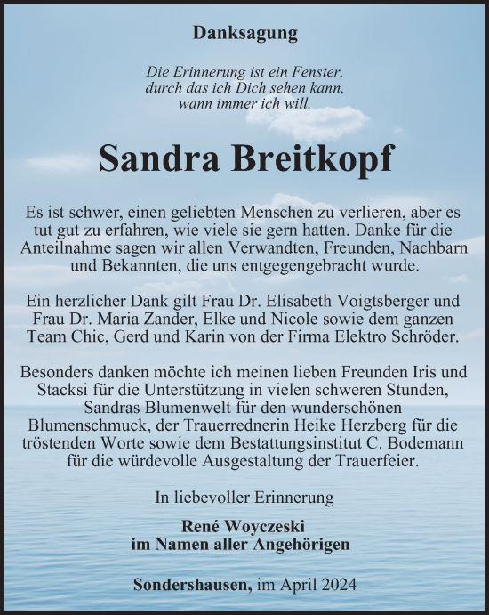 Traueranzeige von Sandra Breitkopf von Thüringer Allgemeine