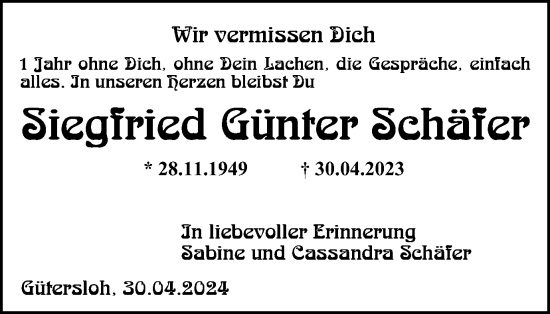 Traueranzeige von Siegfried Günter Schäfer von Thüringer Allgemeine, Thüringische Landeszeitung