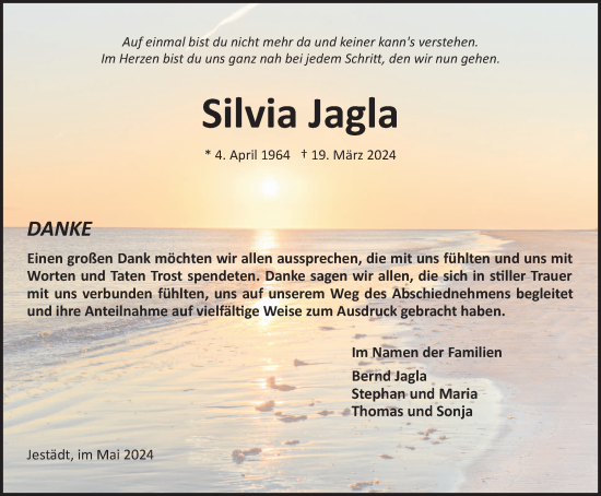 Traueranzeige von Silvia Jagla von Thüringer Allgemeine