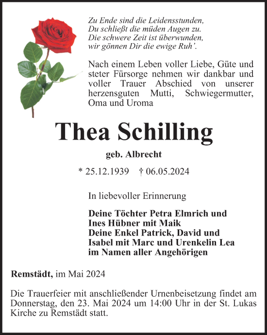 Traueranzeige von Thea Schilling von Thüringer Allgemeine, Thüringische Landeszeitung
