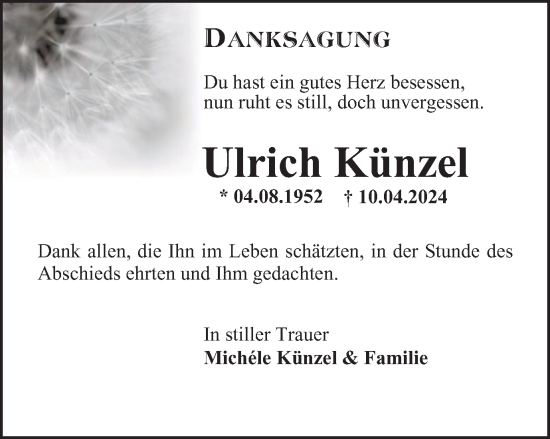 Traueranzeige von Ulrich Künzel von Thüringer Allgemeine, Thüringische Landeszeitung