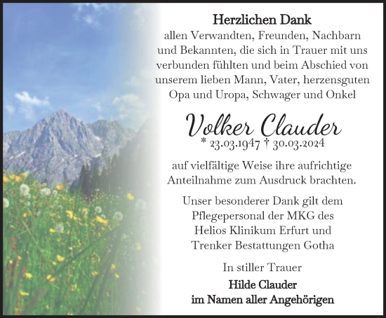 Traueranzeige von Volker Clauder von Thüringer Allgemeine, Thüringische Landeszeitung