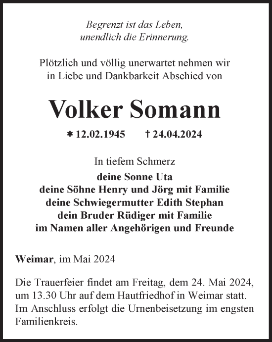 Traueranzeige von Volker Somann von Thüringer Allgemeine, Thüringische Landeszeitung
