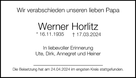 Traueranzeige von Werner Horlitz von Thüringer Allgemeine, Thüringische Landeszeitung