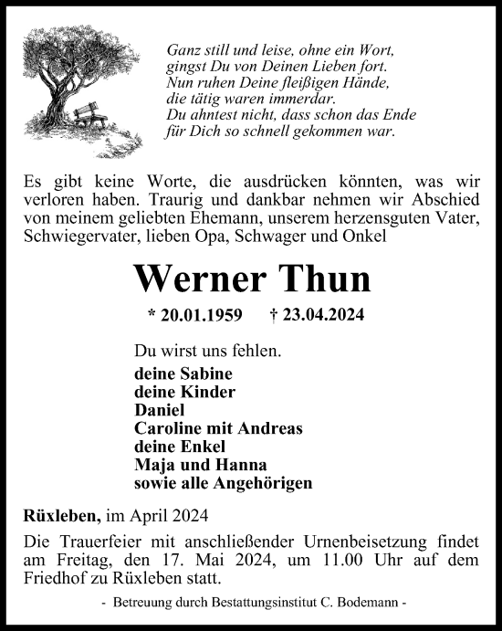 Traueranzeige von Werner Thun von Thüringer Allgemeine