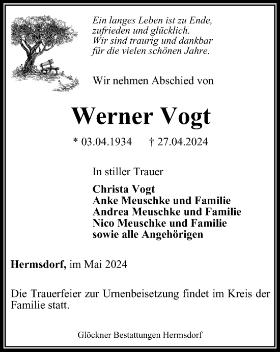 Traueranzeige von Werner Vogt von Ostthüringer Zeitung