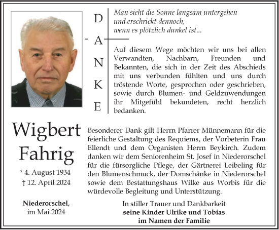 Traueranzeige von Wigbert Fahrig von Thüringer Allgemeine