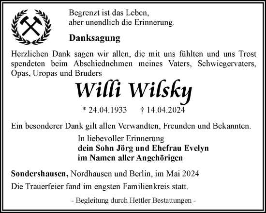 Traueranzeige von Willi Wilsky von Thüringer Allgemeine