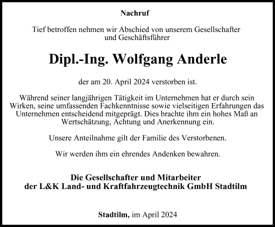 Traueranzeige von Wolfgang Anderle von Thüringer Allgemeine