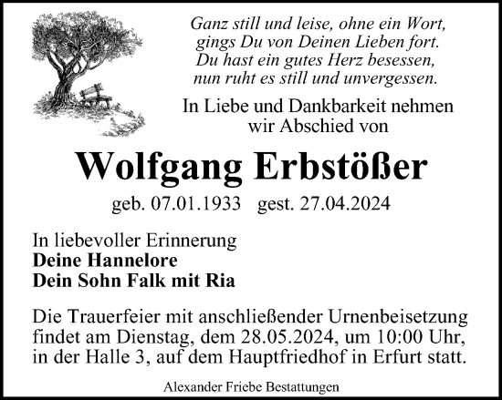Traueranzeige von Wolfgang Erbstößer von Thüringer Allgemeine, Thüringische Landeszeitung